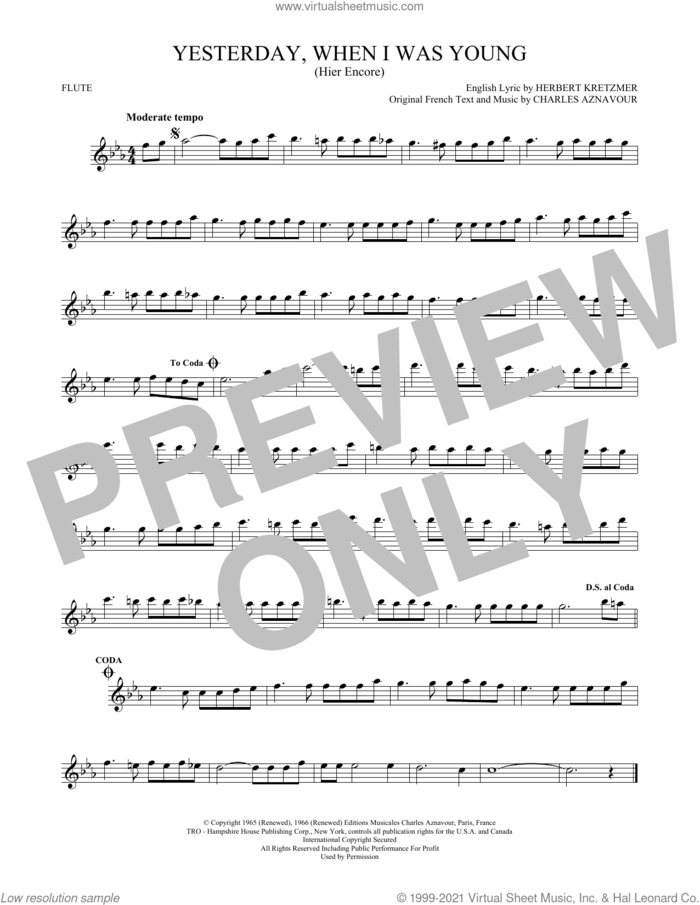 Yesterday, When I Was Young (Hier Encore) sheet music for flute solo by Roy Clark, Charles Aznavour and Herbert Kretzmer, intermediate skill level