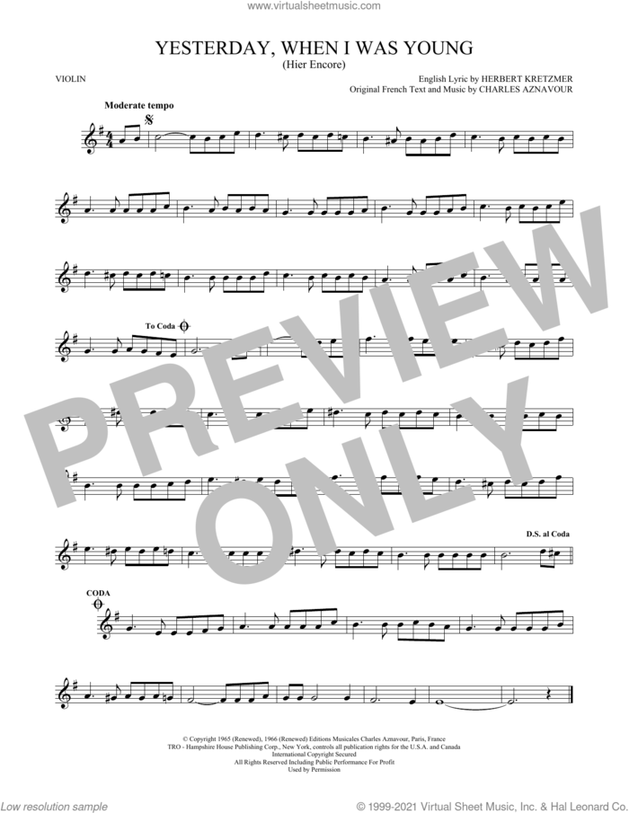Yesterday, When I Was Young (Hier Encore) sheet music for violin solo by Roy Clark, Charles Aznavour and Herbert Kretzmer, intermediate skill level