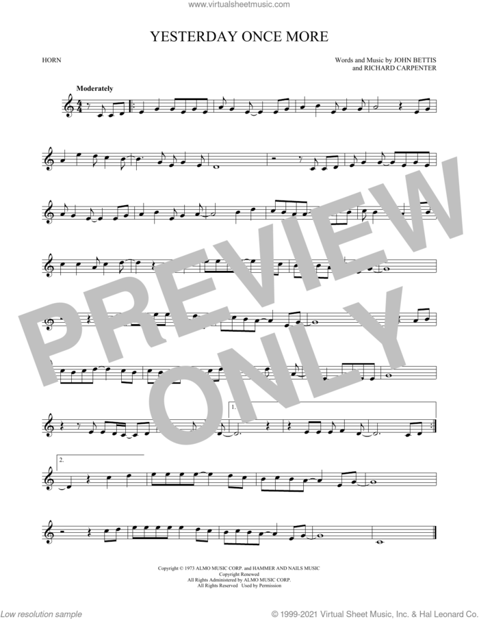 Yesterday Once More sheet music for horn solo by Carpenters, John Bettis and Richard Carpenter, intermediate skill level