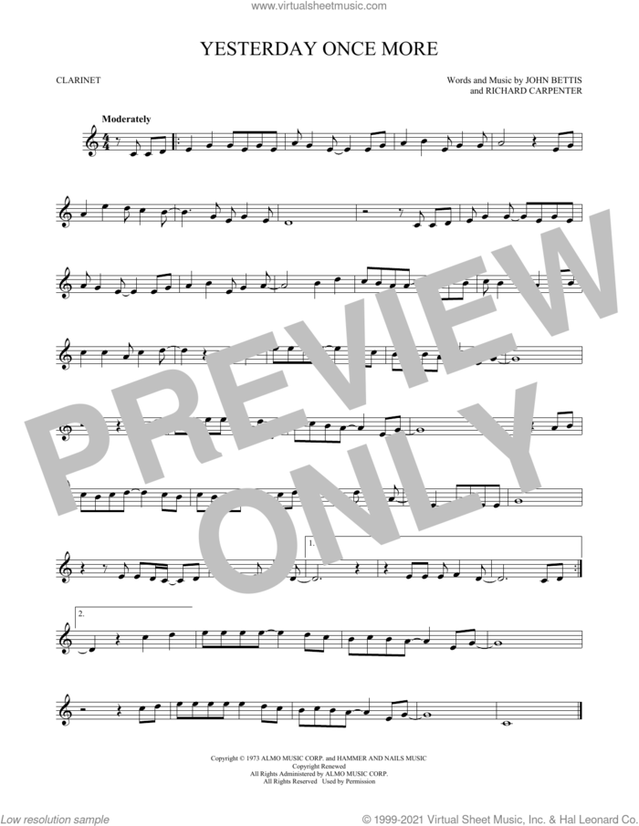 Yesterday Once More sheet music for clarinet solo by Carpenters, John Bettis and Richard Carpenter, intermediate skill level