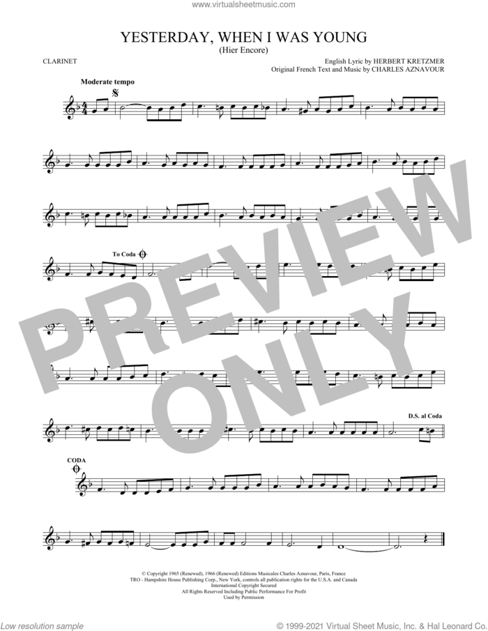 Yesterday, When I Was Young (Hier Encore) sheet music for clarinet solo by Roy Clark, Charles Aznavour and Herbert Kretzmer, intermediate skill level