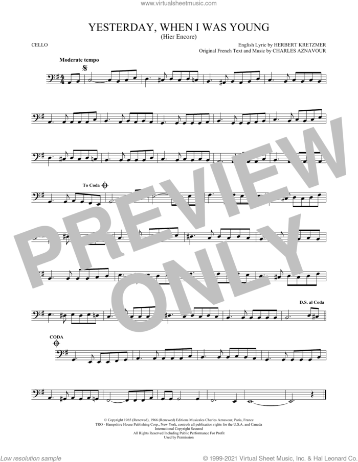 Yesterday, When I Was Young (Hier Encore) sheet music for cello solo by Roy Clark, Charles Aznavour and Herbert Kretzmer, intermediate skill level