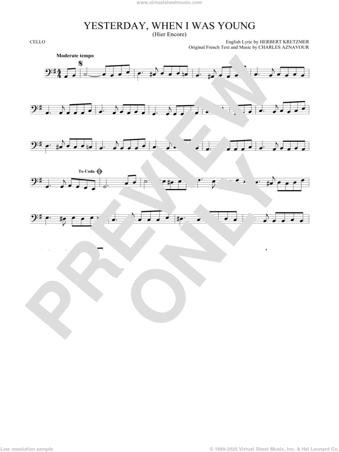 Yesterday, When I Was Young (Hier Encore) sheet music for cello solo by Roy Clark, Charles Aznavour and Herbert Kretzmer, intermediate skill level