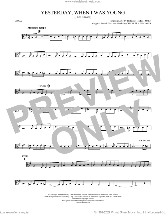 Yesterday, When I Was Young (Hier Encore) sheet music for viola solo by Roy Clark, Charles Aznavour and Herbert Kretzmer, intermediate skill level