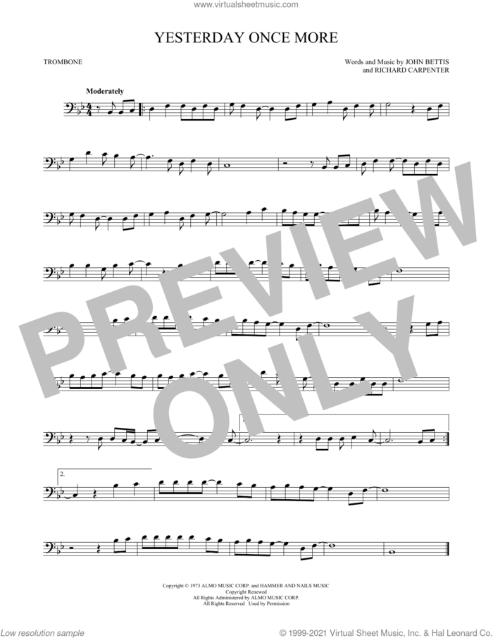 Yesterday Once More sheet music for trombone solo by Carpenters, John Bettis and Richard Carpenter, intermediate skill level
