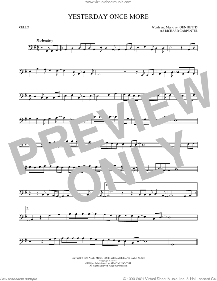Yesterday Once More sheet music for cello solo by Carpenters, John Bettis and Richard Carpenter, intermediate skill level