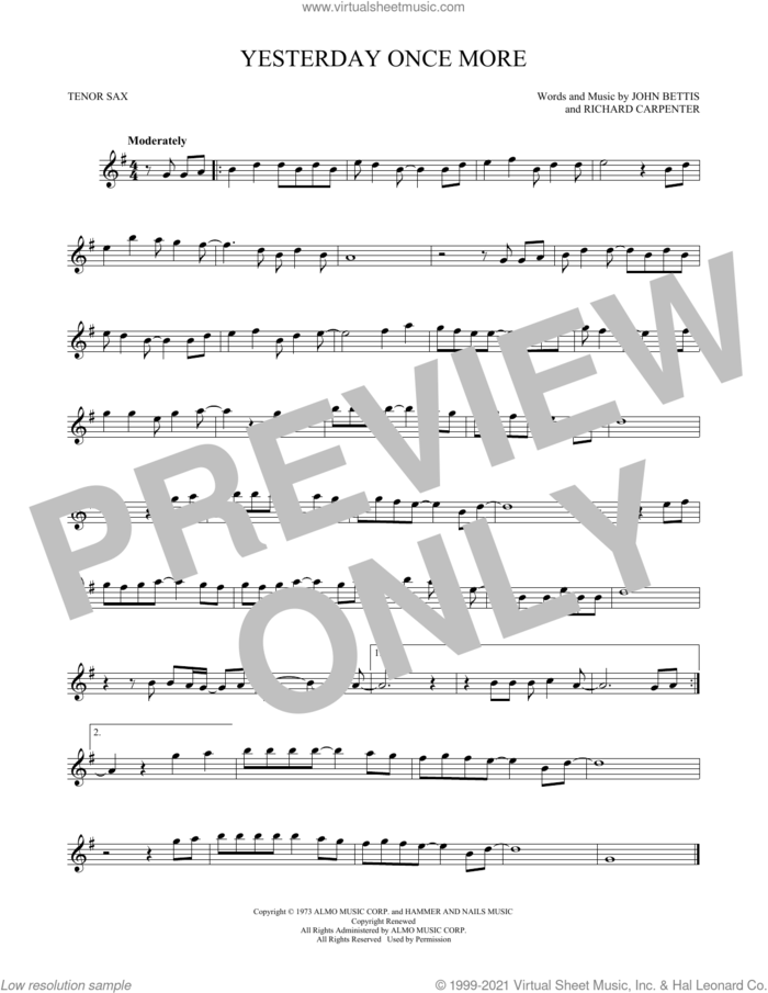 Yesterday Once More sheet music for tenor saxophone solo by Carpenters, John Bettis and Richard Carpenter, intermediate skill level