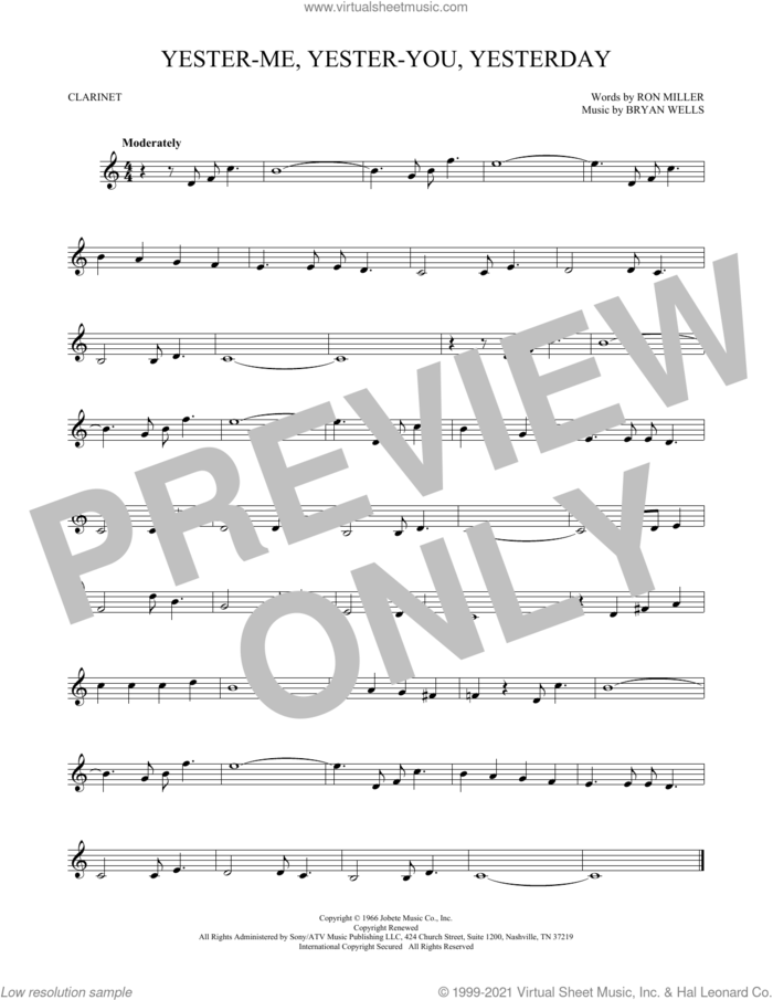 Yester-Me, Yester-You, Yesterday sheet music for clarinet solo by Stevie Wonder, Bryan Wells and Ron Miller, intermediate skill level