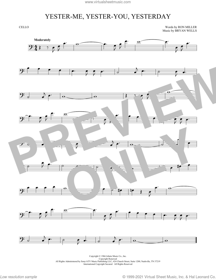 Yester-Me, Yester-You, Yesterday sheet music for cello solo by Stevie Wonder, Bryan Wells and Ron Miller, intermediate skill level