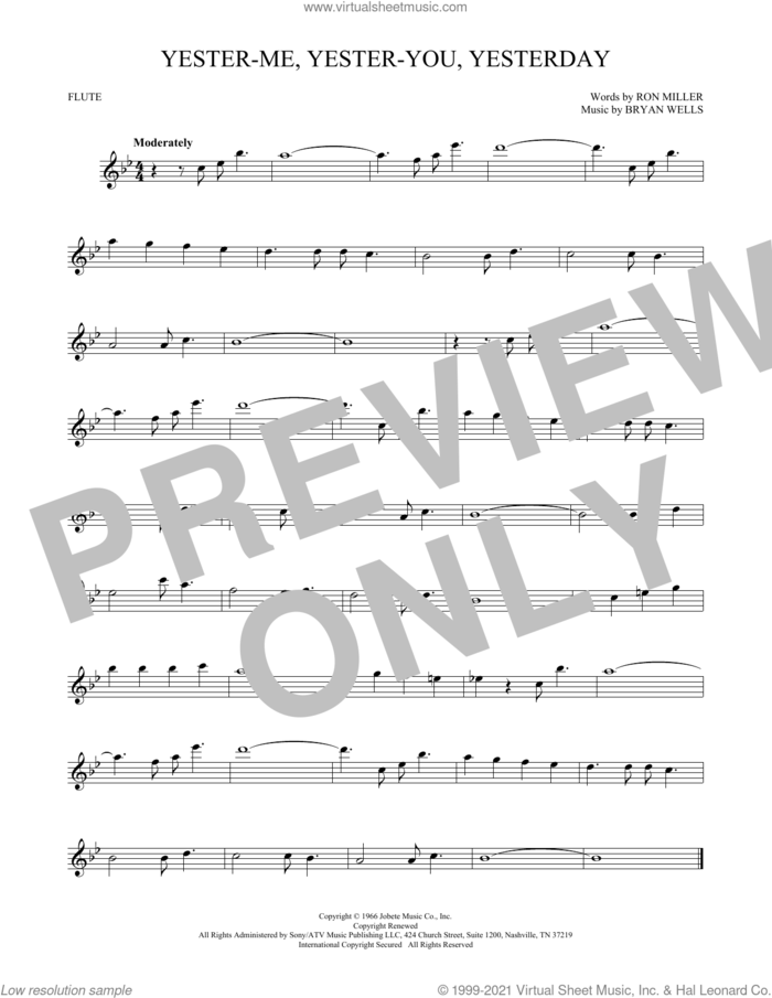 Yester-Me, Yester-You, Yesterday sheet music for flute solo by Stevie Wonder, Bryan Wells and Ron Miller, intermediate skill level