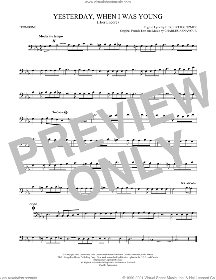 Yesterday, When I Was Young (Hier Encore) sheet music for trombone solo by Roy Clark, Charles Aznavour and Herbert Kretzmer, intermediate skill level