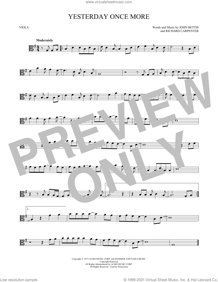 Yesterday Once More sheet music for viola solo by Carpenters, John Bettis and Richard Carpenter, intermediate skill level