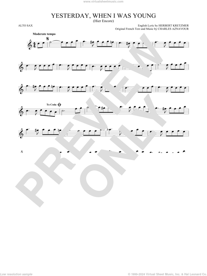 Yesterday, When I Was Young (Hier Encore) sheet music for alto saxophone solo by Roy Clark, Charles Aznavour and Herbert Kretzmer, intermediate skill level