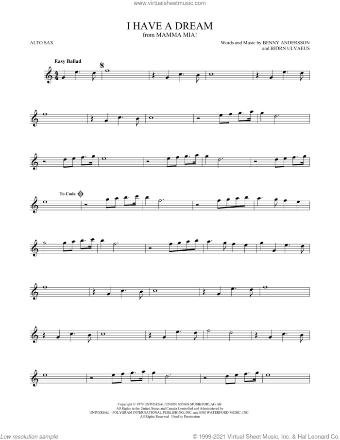 I Have A Dream sheet music for alto saxophone solo by ABBA, Benny Andersson and Bjorn Ulvaeus, intermediate skill level