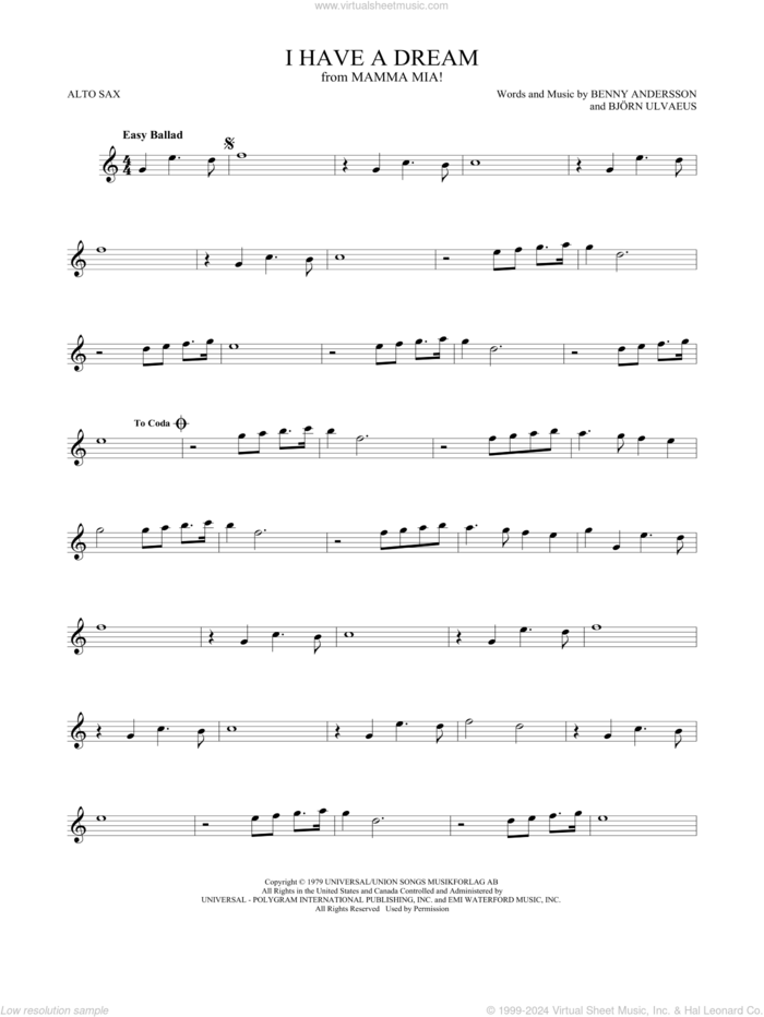 I Have A Dream sheet music for alto saxophone solo by ABBA, Benny Andersson and Bjorn Ulvaeus, intermediate skill level