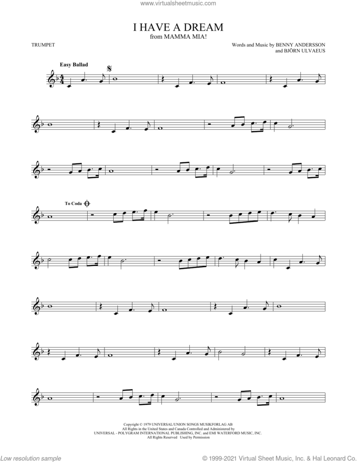 I Have A Dream sheet music for trumpet solo by ABBA, Benny Andersson and Bjorn Ulvaeus, intermediate skill level