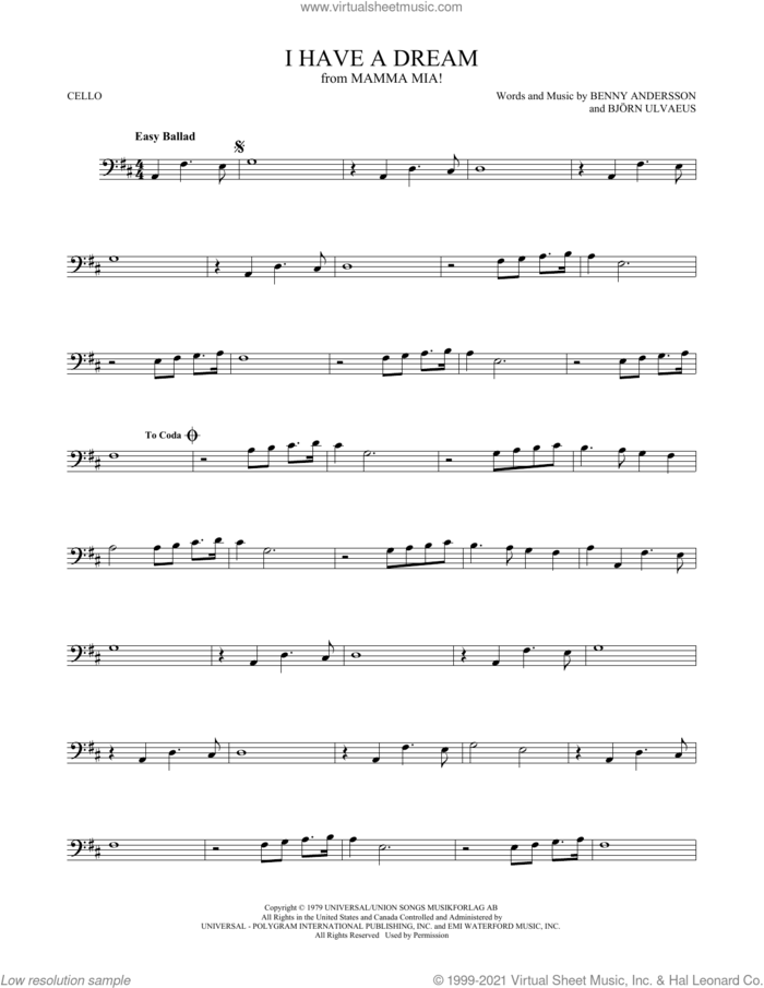 I Have A Dream sheet music for cello solo by ABBA, Benny Andersson and Bjorn Ulvaeus, intermediate skill level