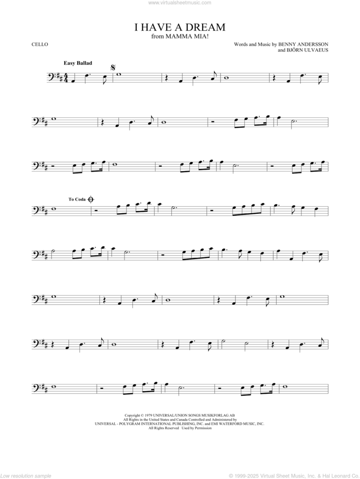 I Have A Dream sheet music for cello solo by ABBA, Benny Andersson and Bjorn Ulvaeus, intermediate skill level