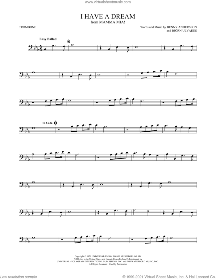 I Have A Dream sheet music for trombone solo by ABBA, Benny Andersson and Bjorn Ulvaeus, intermediate skill level