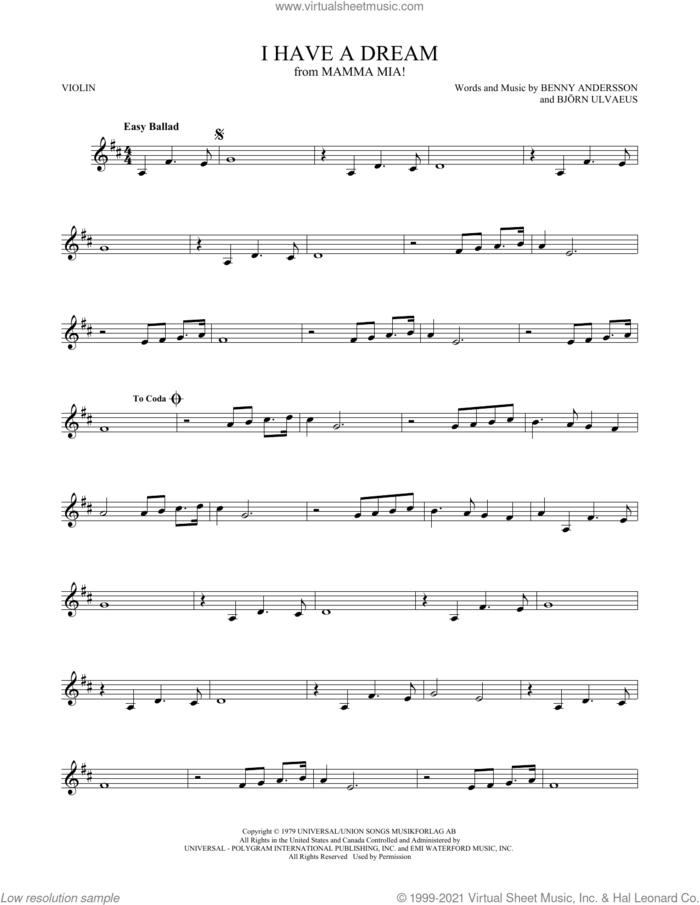 I Have A Dream sheet music for violin solo by ABBA, Benny Andersson and Bjorn Ulvaeus, intermediate skill level