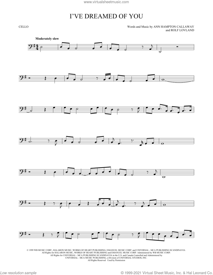 I've Dreamed Of You sheet music for cello solo by Barbra Streisand, Ann Hampton Callaway and Rolf Lovland, intermediate skill level