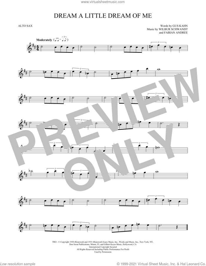 Dream A Little Dream Of Me sheet music for alto saxophone solo by The Mamas & The Papas, Fabian Andree, Gus Kahn and Wilbur Schwandt, intermediate skill level