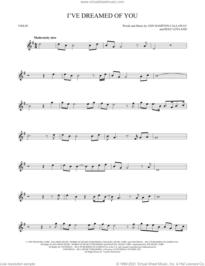 I've Dreamed Of You sheet music for violin solo by Barbra Streisand, Ann Hampton Callaway and Rolf Lovland, intermediate skill level