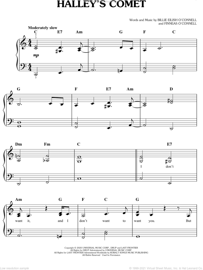 Halley's Comet sheet music for piano solo by Billie Eilish, easy skill level