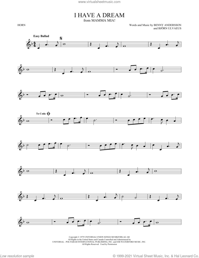 I Have A Dream sheet music for horn solo by ABBA, Benny Andersson and Bjorn Ulvaeus, intermediate skill level