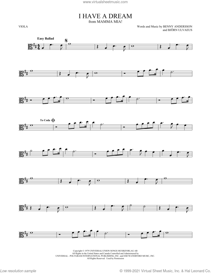 I Have A Dream sheet music for viola solo by ABBA, Benny Andersson and Bjorn Ulvaeus, intermediate skill level