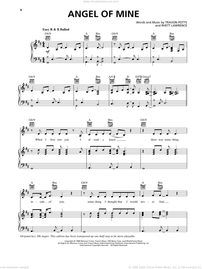 Angel Of Mine sheet music for voice, piano or guitar by Monica, Rhett Lawrence and Travon Potts, intermediate skill level