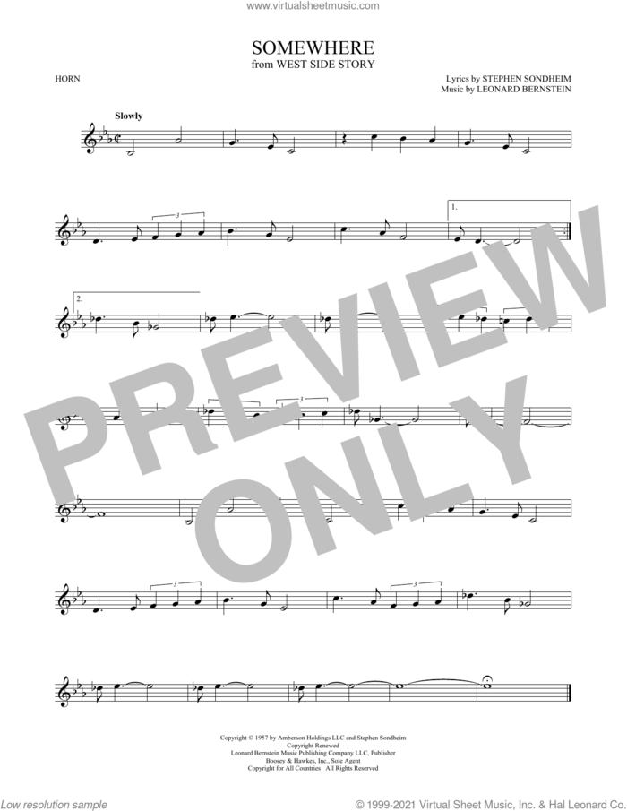 Somewhere (from West Side Story) sheet music for horn solo by Stephen Sondheim and Leonard Bernstein, intermediate skill level