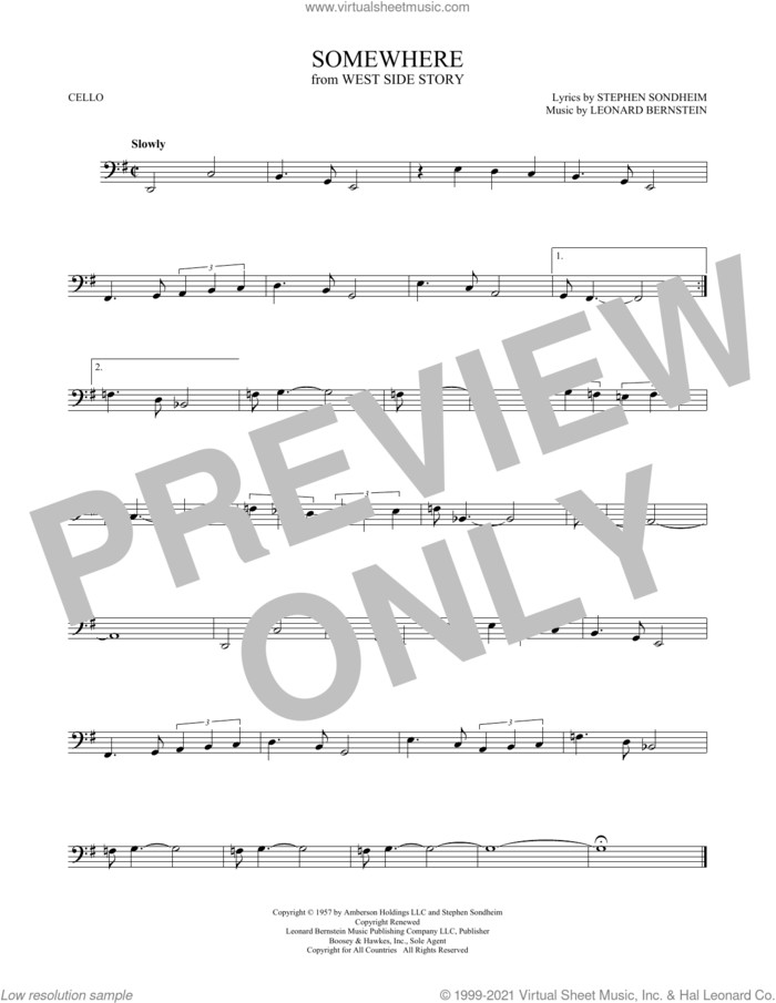Somewhere (from West Side Story) sheet music for cello solo by Stephen Sondheim and Leonard Bernstein, intermediate skill level