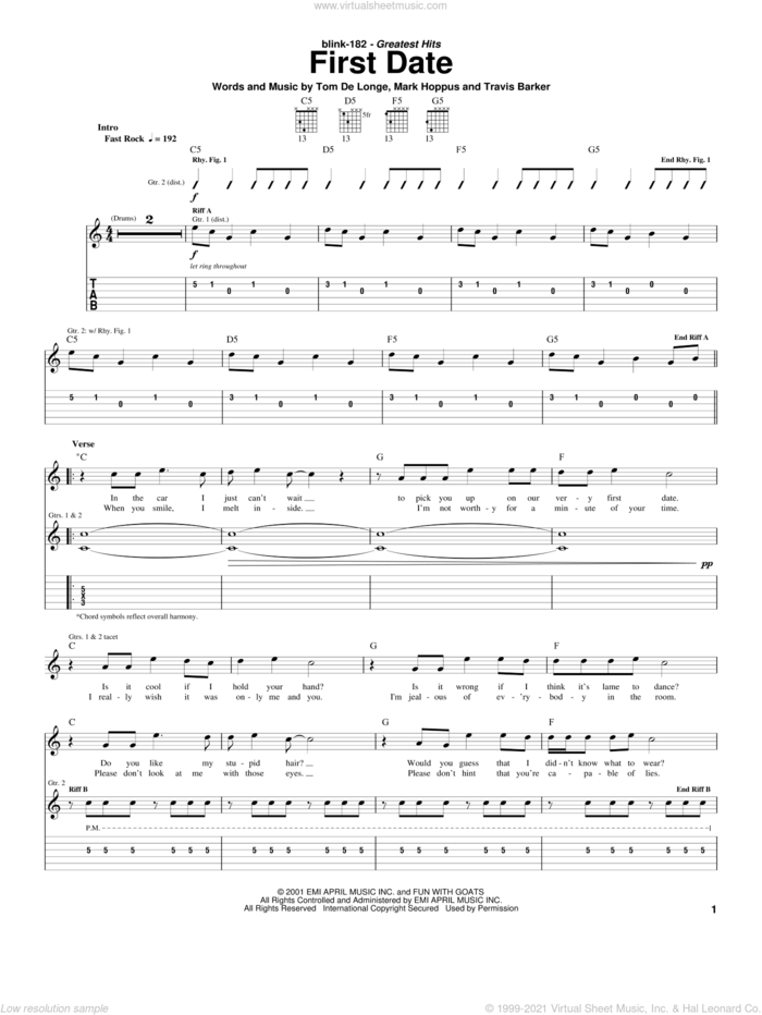 First Date sheet music for guitar (tablature) by Blink-182, Mark Hoppus, Tom DeLonge and Travis Barker, intermediate skill level