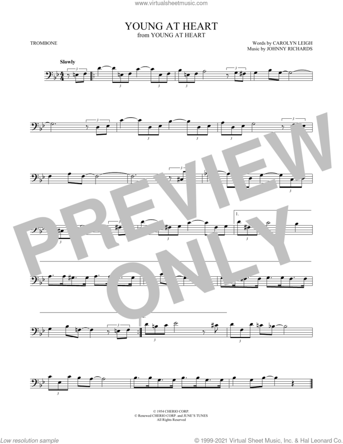 Young At Heart sheet music for trombone solo by Carolyn Leigh and Johnny Richards, intermediate skill level