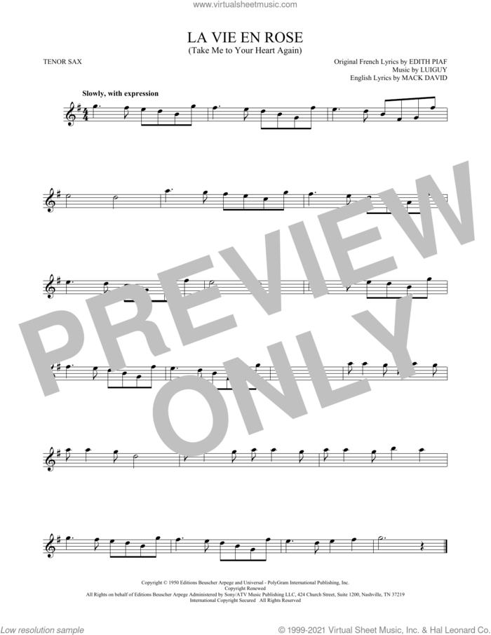 La Vie En Rose (Take Me To Your Heart Again) sheet music for tenor saxophone solo by Edith Piaf, Mack David and Marcel Louiguy, wedding score, intermediate skill level