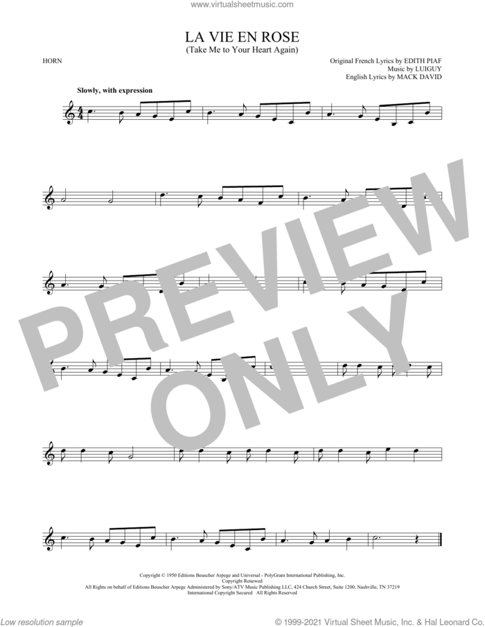 La Vie En Rose (Take Me To Your Heart Again) sheet music for horn solo by Edith Piaf, Mack David and Marcel Louiguy, wedding score, intermediate skill level