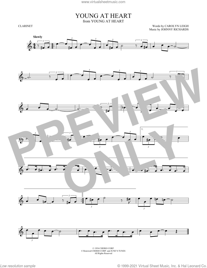 Young At Heart sheet music for clarinet solo by Carolyn Leigh and Johnny Richards, intermediate skill level