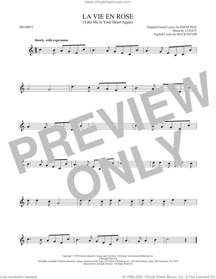 La Vie En Rose (Take Me To Your Heart Again) sheet music for trumpet solo by Edith Piaf, Mack David and Marcel Louiguy, wedding score, intermediate skill level