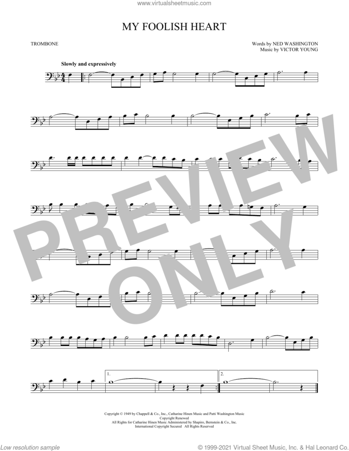 My Foolish Heart sheet music for trombone solo by Ned Washington & Victor Young, Demensions, Ned Washington and Victor Young, intermediate skill level