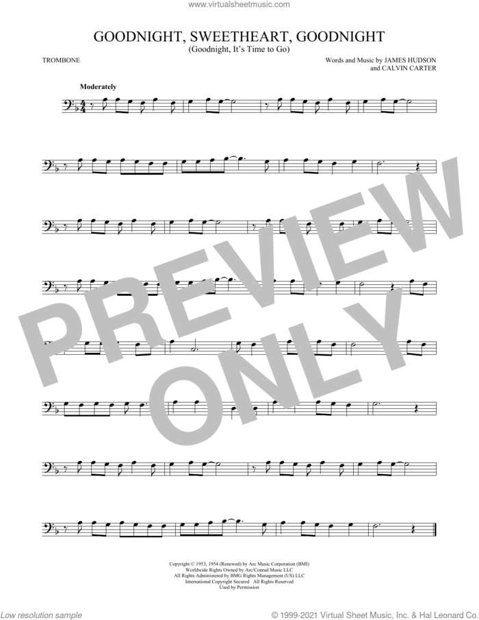 Goodnight, Sweetheart, Goodnight (Goodnight, It's Time To Go) sheet music for trombone solo by James Hudson & Calvin Carter, Chuck Berry, McGuire Sisters, Tokens, Calvin Carter and James Hudson, intermediate skill level