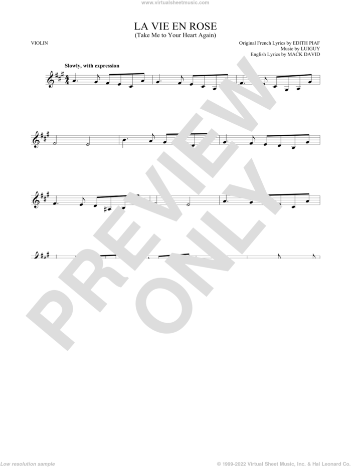 La Vie En Rose (Take Me To Your Heart Again) sheet music for violin solo by Edith Piaf, Mack David and Marcel Louiguy, wedding score, intermediate skill level