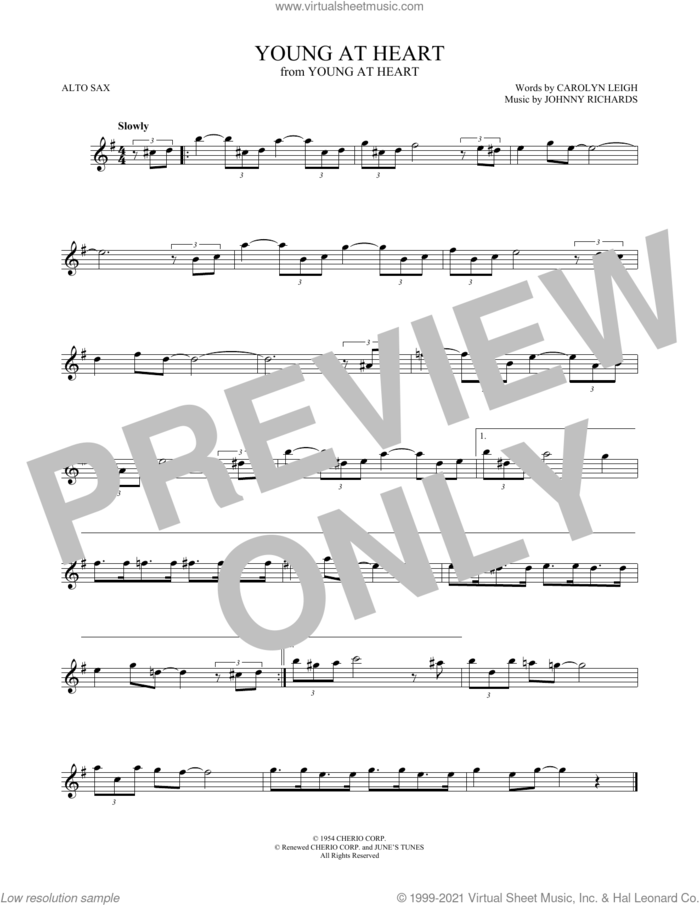 Young At Heart sheet music for alto saxophone solo by Carolyn Leigh and Johnny Richards, intermediate skill level