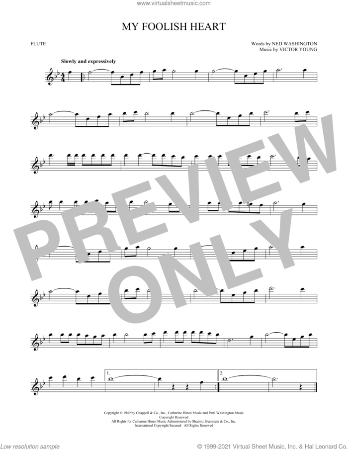 My Foolish Heart sheet music for flute solo by Ned Washington & Victor Young, Demensions, Ned Washington and Victor Young, intermediate skill level