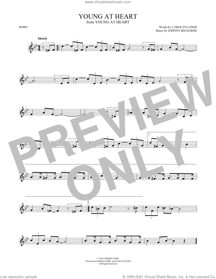 Young At Heart sheet music for horn solo by Carolyn Leigh and Johnny Richards, intermediate skill level