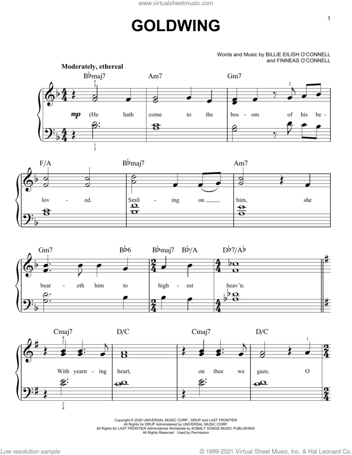 GOLDWING sheet music for piano solo by Billie Eilish, easy skill level