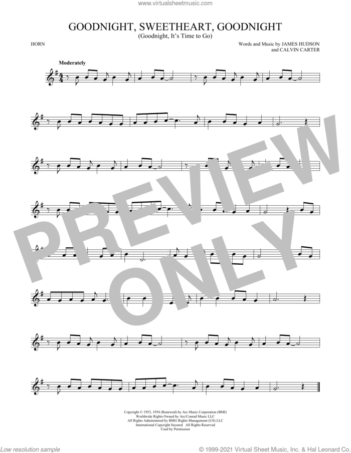 Goodnight, Sweetheart, Goodnight (Goodnight, It's Time To Go) sheet music for horn solo by James Hudson & Calvin Carter, Chuck Berry, McGuire Sisters, Tokens, Calvin Carter and James Hudson, intermediate skill level
