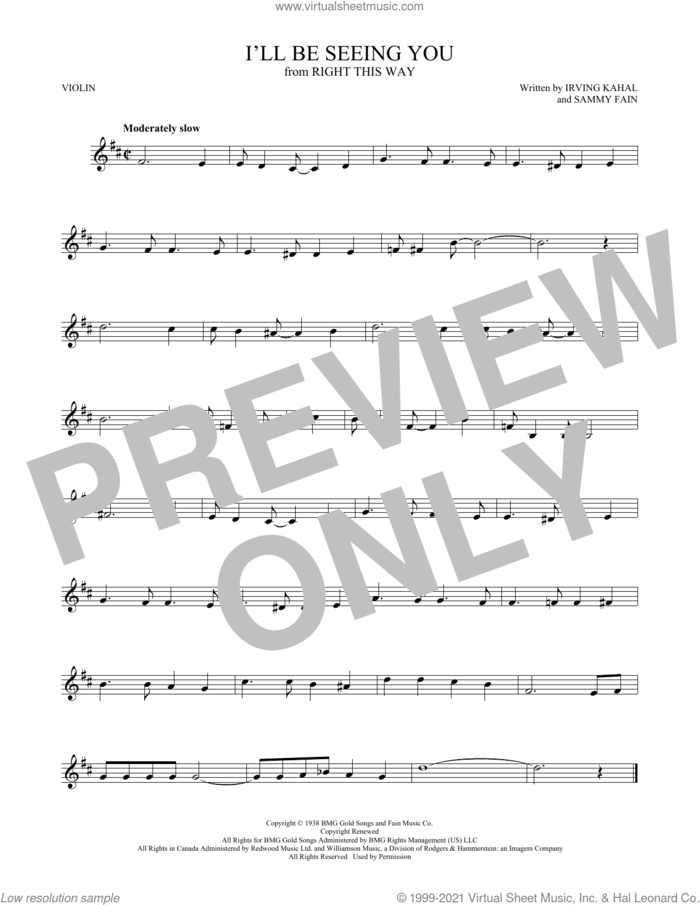 I'll Be Seeing You sheet music for violin solo by Irving Kahal & Sammy Fain, Irving Kahal and Sammy Fain, intermediate skill level