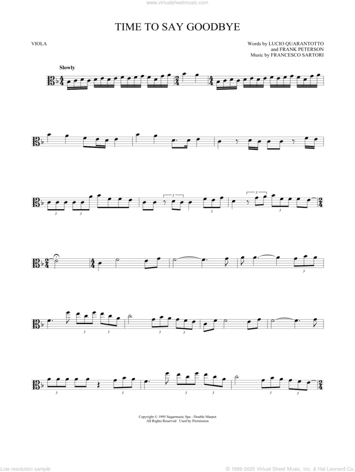 Time To Say Goodbye sheet music for viola solo by Andrea Bocelli & Sarah Brightman, Francesco Sartori, Frank Peterson and Lucio Quarantotto, classical score, intermediate skill level