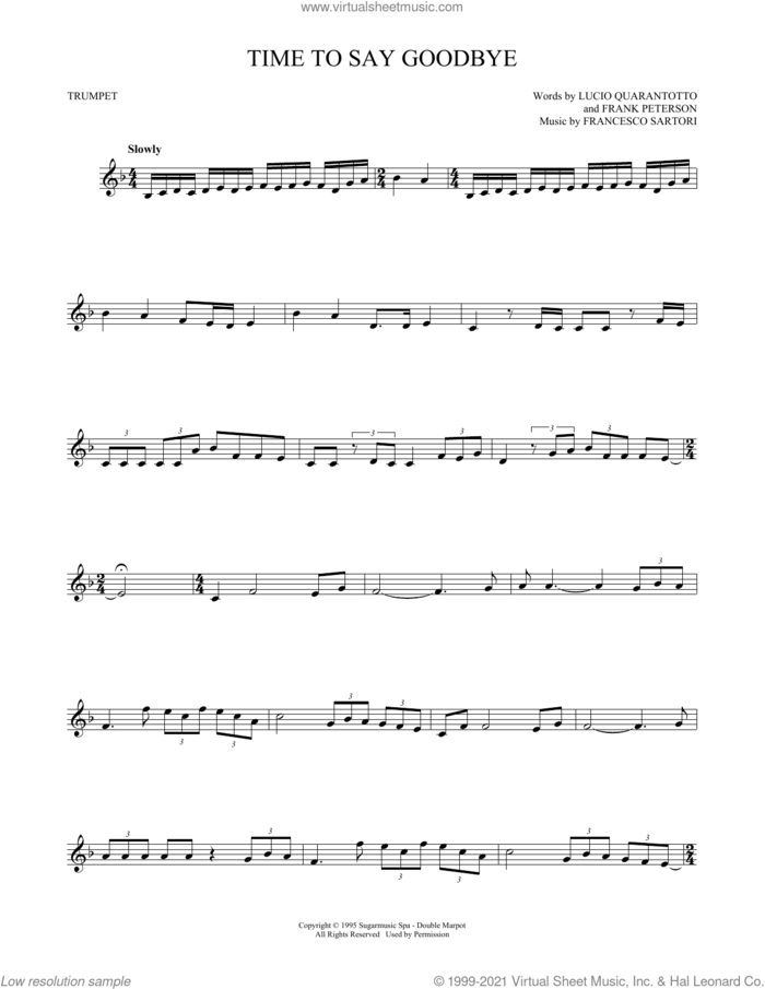 Time To Say Goodbye sheet music for trumpet solo by Andrea Bocelli & Sarah Brightman, Francesco Sartori, Frank Peterson and Lucio Quarantotto, classical score, intermediate skill level